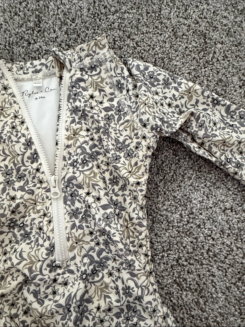 Rylee + Cru Cream and Navy Floral Long-Sleeve One-Piece Swim